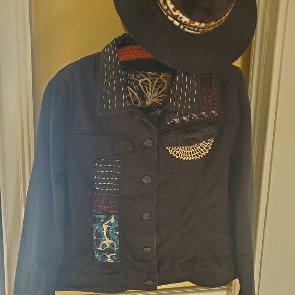 Restyled Handsewn One of a Kind Denim Jacket .Wearable‎ Art .Sz L - Picture 6 of 9